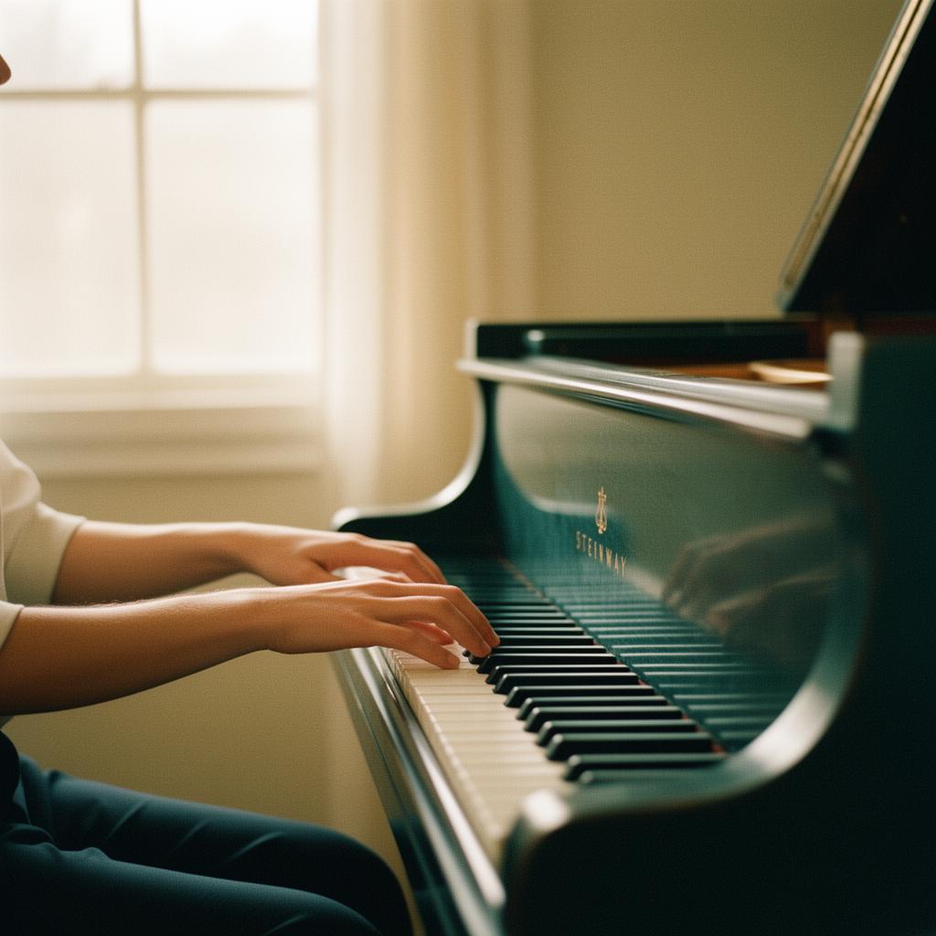 A pianist's hands at a grand piano in a sunlit room
