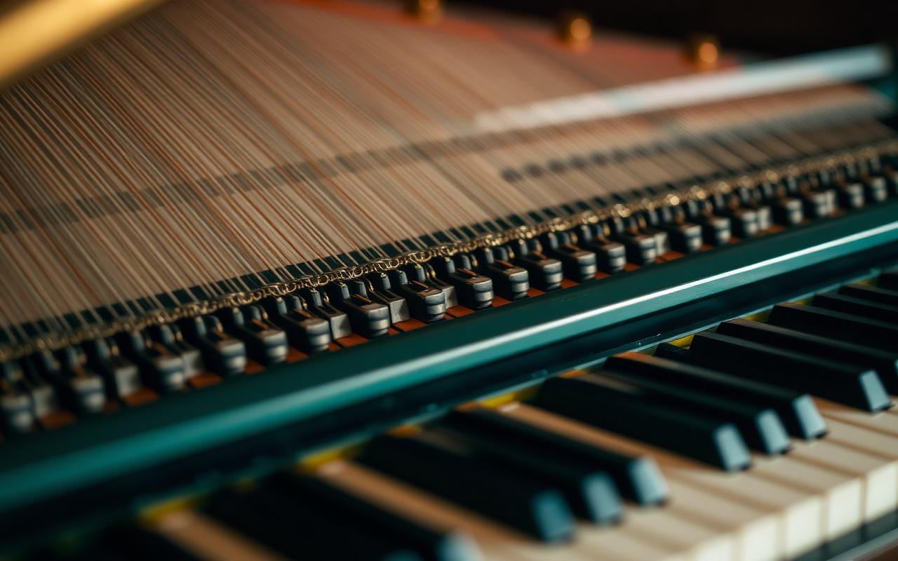The hammers and strings inside a grand piano